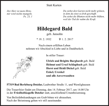 Traueranzeige von Hildegard Bald von Siegener Zeitung