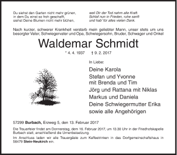 Traueranzeige von Waldemar Schmidt von Siegener Zeitung