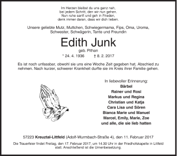 Traueranzeige von Edith Junk von Siegener Zeitung