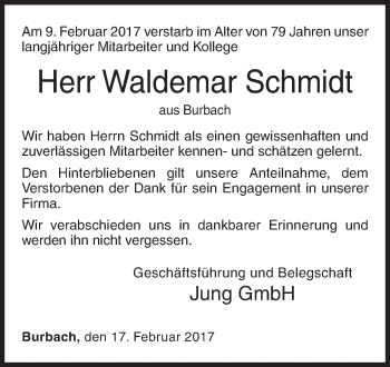 Traueranzeige von Waldemar Schmidt von Siegener Zeitung