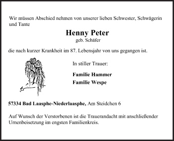 Traueranzeige von Henny Peter von Siegener Zeitung
