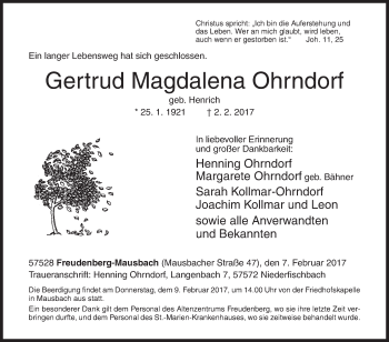 Traueranzeige von Gertrud Magdalena Ohrndorf von Siegener Zeitung