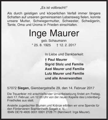 Traueranzeige von Inge Maurer von Siegener Zeitung