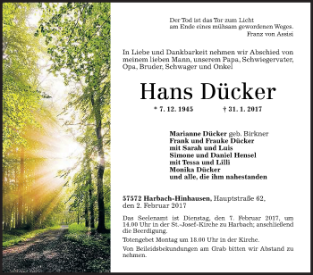 Traueranzeige von Hans Dücker von Siegener Zeitung