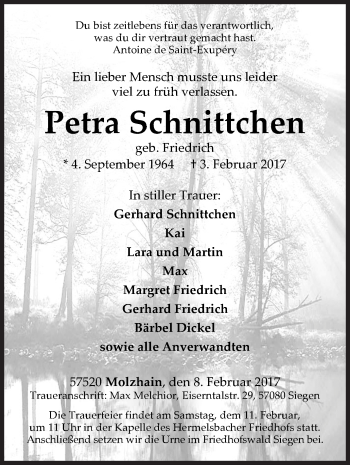 Traueranzeige von Petra Schnittchen von Siegener Zeitung