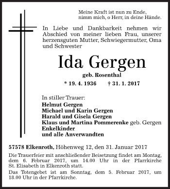 Traueranzeige von Ida Gergen von Siegener Zeitung