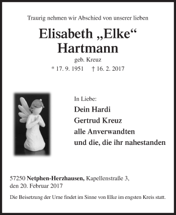 Traueranzeige von Elisabeth Hartmann von Siegener Zeitung