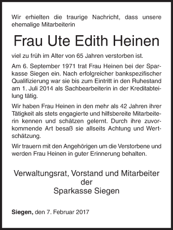 Traueranzeige von Ute Edith Heinen von Siegener Zeitung