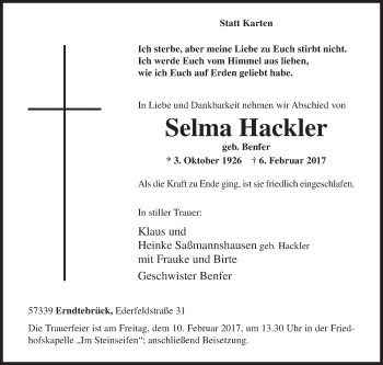 Traueranzeige von Selma Hackler von Siegener Zeitung