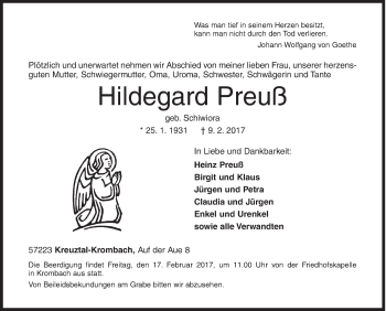 Traueranzeige von Hildegard Preuß von Siegener Zeitung