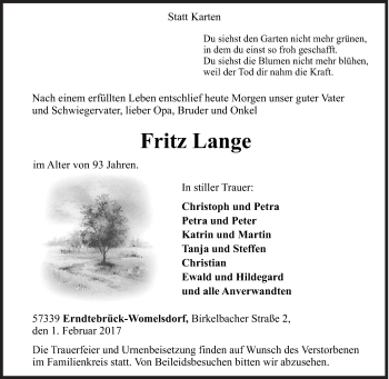 Traueranzeige von Fritz Lange von Siegener Zeitung