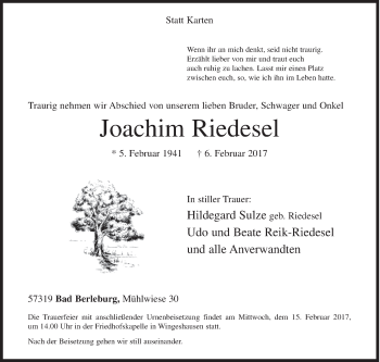 Traueranzeige von Joachim Riedesel von Siegener Zeitung
