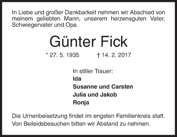 Traueranzeige von Günter Fick von Siegener Zeitung