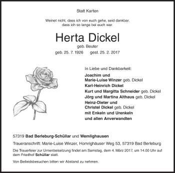 Traueranzeige von Herta Dickel von Siegener Zeitung