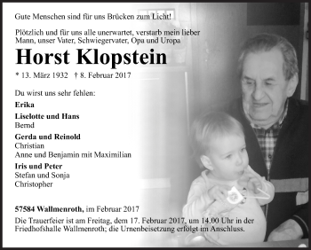 Traueranzeige von Horst Klopstein von Siegener Zeitung