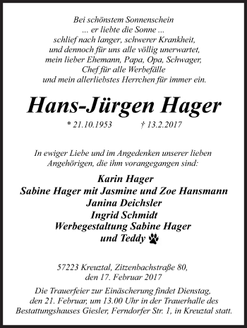 Traueranzeige von Hans-Jürgen Hager von Siegener Zeitung