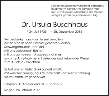 Traueranzeige von Ursula Buschhaus von Siegener Zeitung