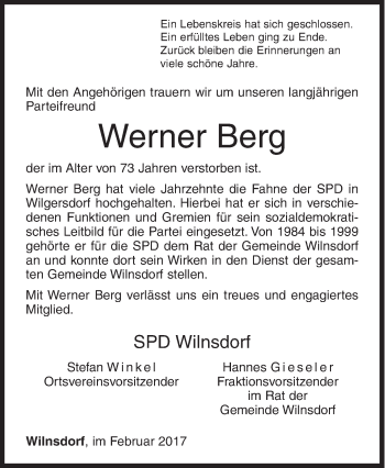 Traueranzeige von Werner Berg von Siegener Zeitung