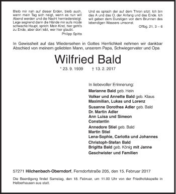 Traueranzeige von Wilfried Bald von Siegener Zeitung