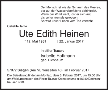 Traueranzeige von Ute Edith Heinen von Siegener Zeitung