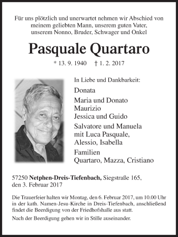Traueranzeige von Pasquale Quartaro von Siegener Zeitung