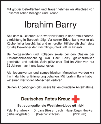 Traueranzeige von Ibrahim Barry von Siegener Zeitung