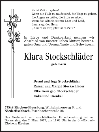 Traueranzeige von Klara Stockschläder von Siegener Zeitung