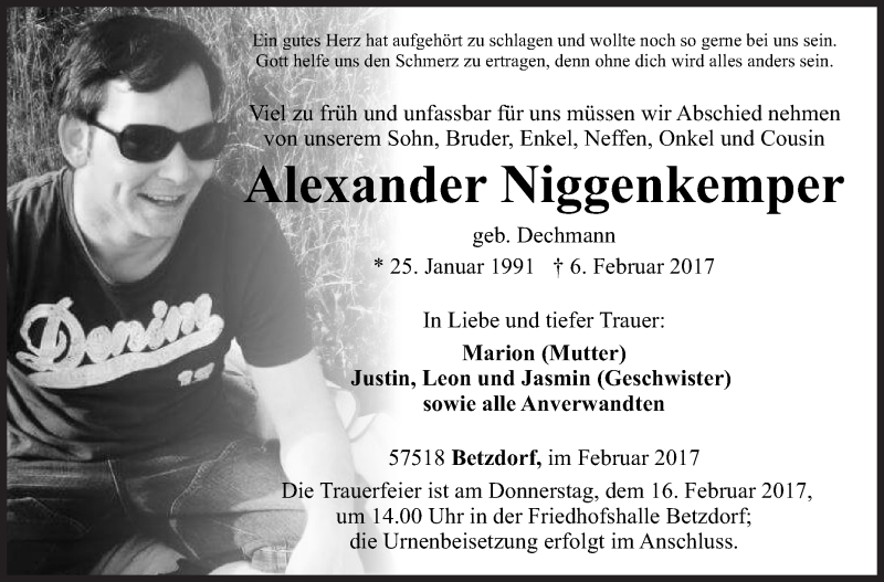  Traueranzeige für Alexander Niggenkemper vom 13.02.2017 aus Siegener Zeitung