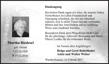 Traueranzeige von Martha Riedesel von Siegener Zeitung