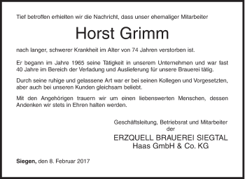 Traueranzeige von Horst Grimm von Siegener Zeitung