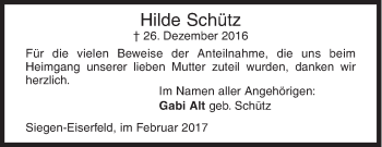 Traueranzeige von Hilde Schütz von Siegener Zeitung