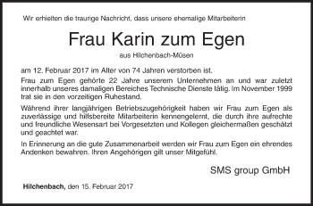 Traueranzeige von Karin  zum Egen von Siegener Zeitung