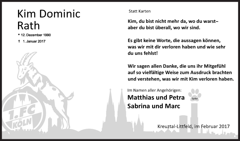  Traueranzeige für Kim Dominic Rath vom 17.02.2017 aus Siegener Zeitung