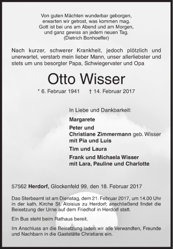 Traueranzeige von Otto Wisser von Siegener Zeitung