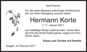 Traueranzeige von Hermann Korte von Siegener Zeitung