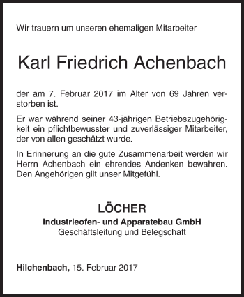Traueranzeige von Karl Friedrich Achenbach von Siegener Zeitung