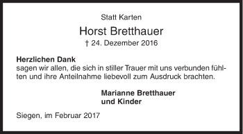 Traueranzeige von Horst Bretthauer von Siegener Zeitung