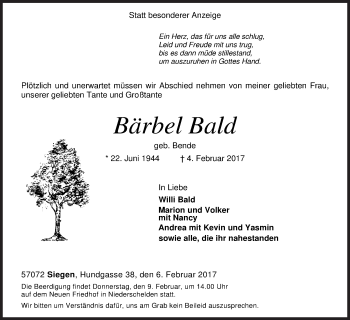 Traueranzeige von Bärbel Bald von Siegener Zeitung