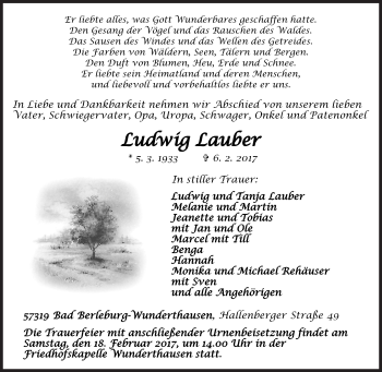Traueranzeige von Ludwig Lauber von Siegener Zeitung