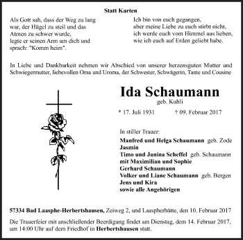 Traueranzeige von Ida Schaumann von Siegener Zeitung