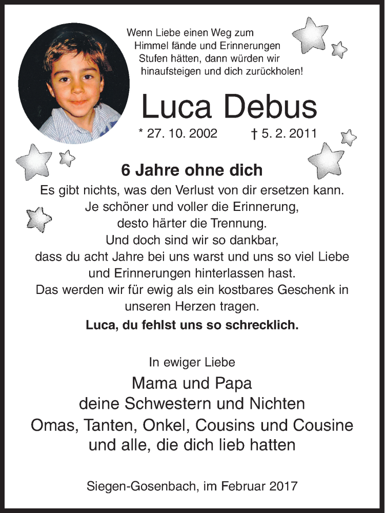  Traueranzeige für Luca Debus vom 06.02.2017 aus Siegener Zeitung