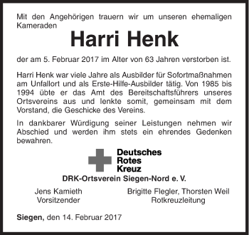 Traueranzeige von Harri Henk von Siegener Zeitung