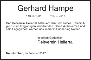 Traueranzeige von Gerhard Hampe von Siegener Zeitung