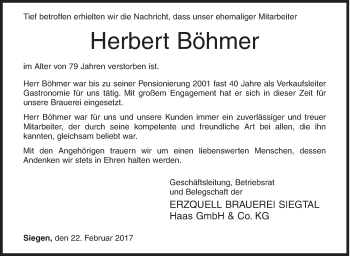 Traueranzeige von Herbert Böhmer von Siegener Zeitung