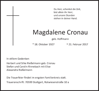 Traueranzeige von Magdalene Cronau von Siegener Zeitung