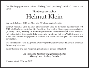Traueranzeige von Helmut Klein von Siegener Zeitung