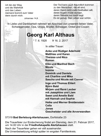 Traueranzeige von Georg Karl Althaus von Siegener Zeitung
