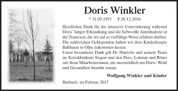 Traueranzeige von Doris Winkler von Siegener Zeitung