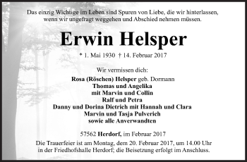 Traueranzeige von Erwin Helsper von Siegener Zeitung
