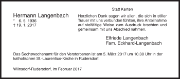 Traueranzeige von Hermann Langenbach von Siegener Zeitung